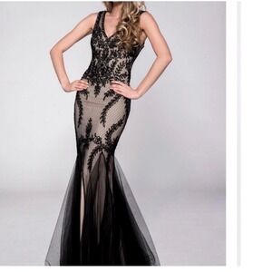 Cachet Vintage Black Lace Mermaid Evening Gown Nude Illusion‎ Tulle - Size